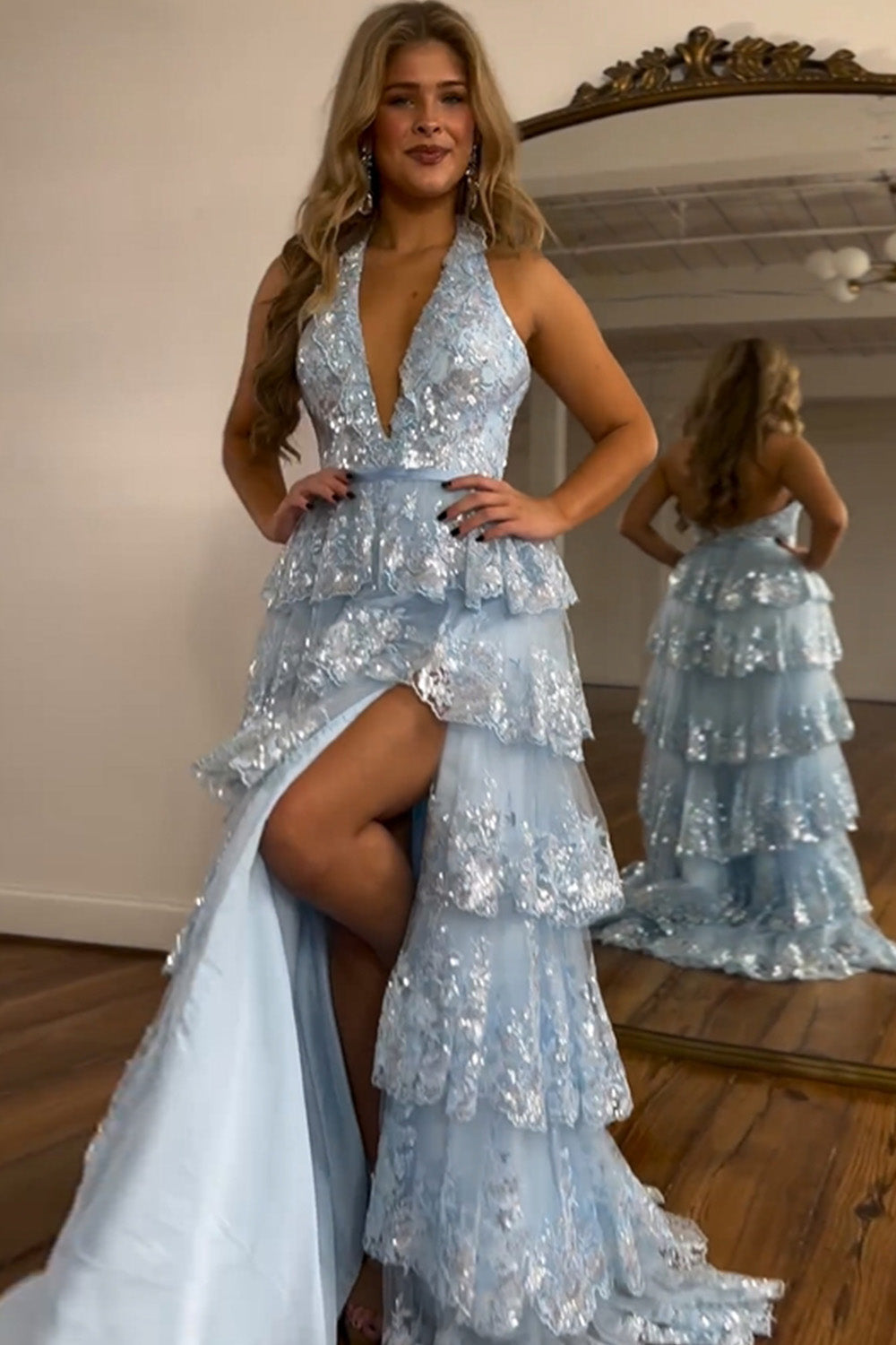 Shiny Light Blue A-Line Halter Backless Long Tulle Prom Dress With Split - View 2 | VelvetHem