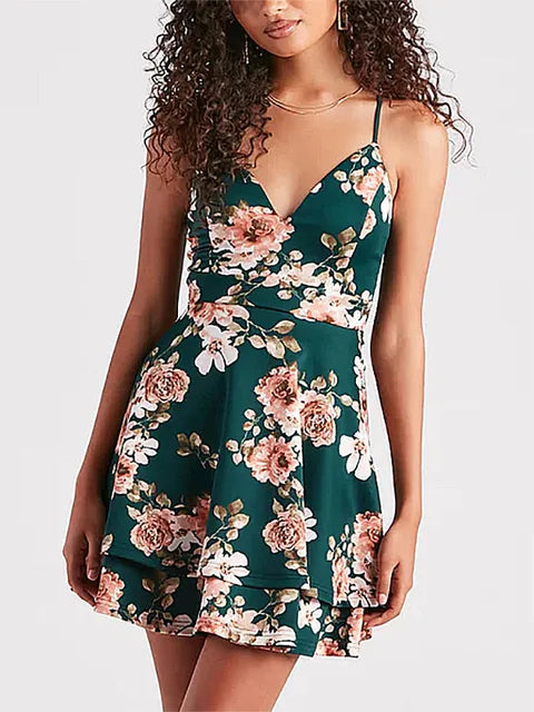Amanie Minimalist Green Floral Pattern Cocktail Dress Elevated Occasion Wear