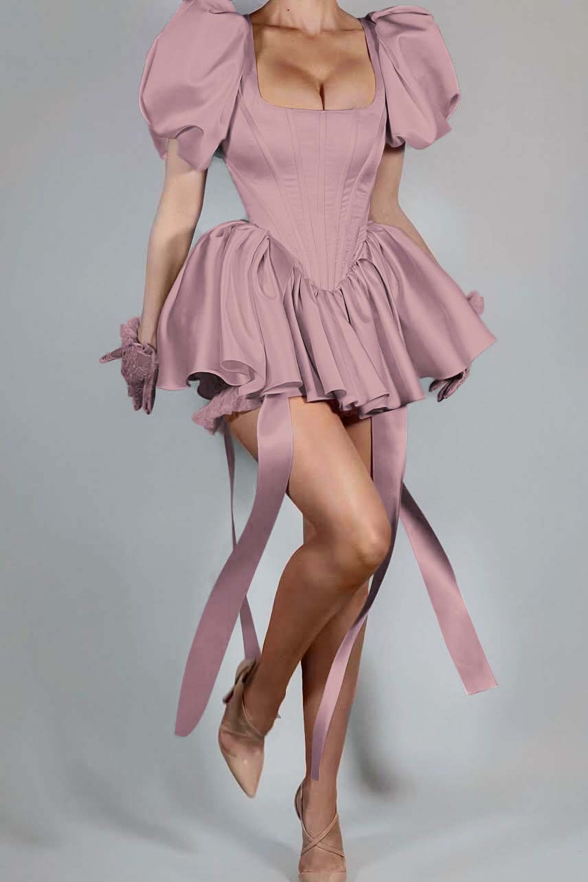 Short Pink Homecoming Dress Satin Square Neck Puff Sleeves Cockail Dress