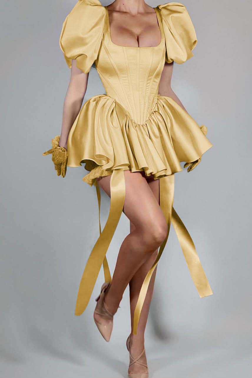 Short Pink Homecoming Dress Satin Square Neck Puff Sleeves Cockail Dress