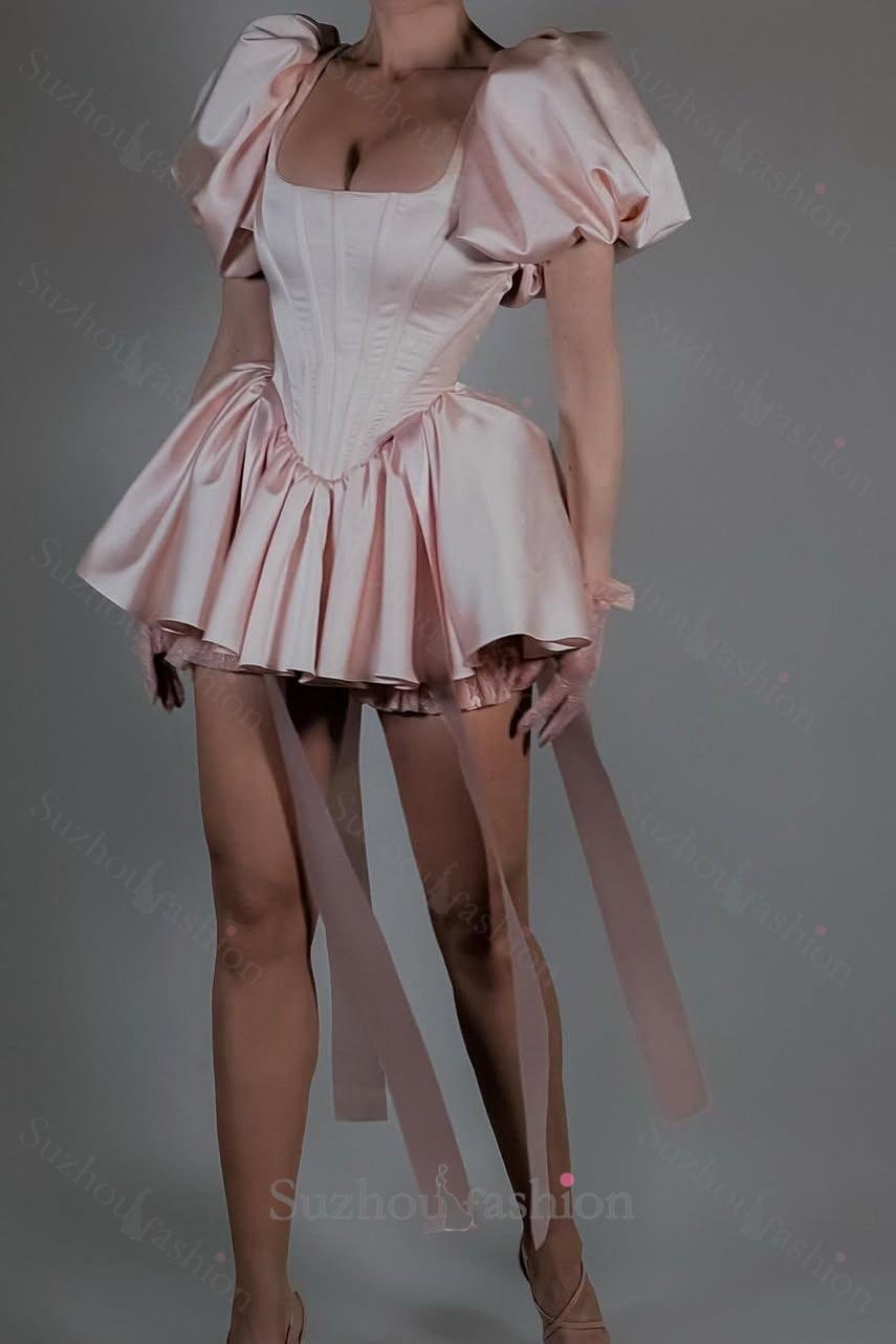 Short Pink Homecoming Dress Satin Square Neck Puff Sleeves Cockail Dress
