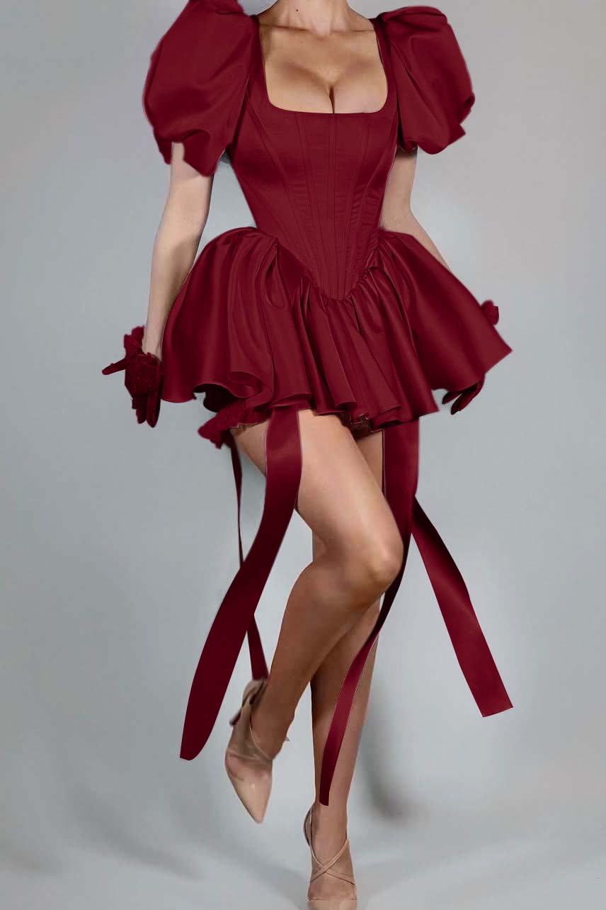 Short Pink Homecoming Dress Satin Square Neck Puff Sleeves Cockail Dress