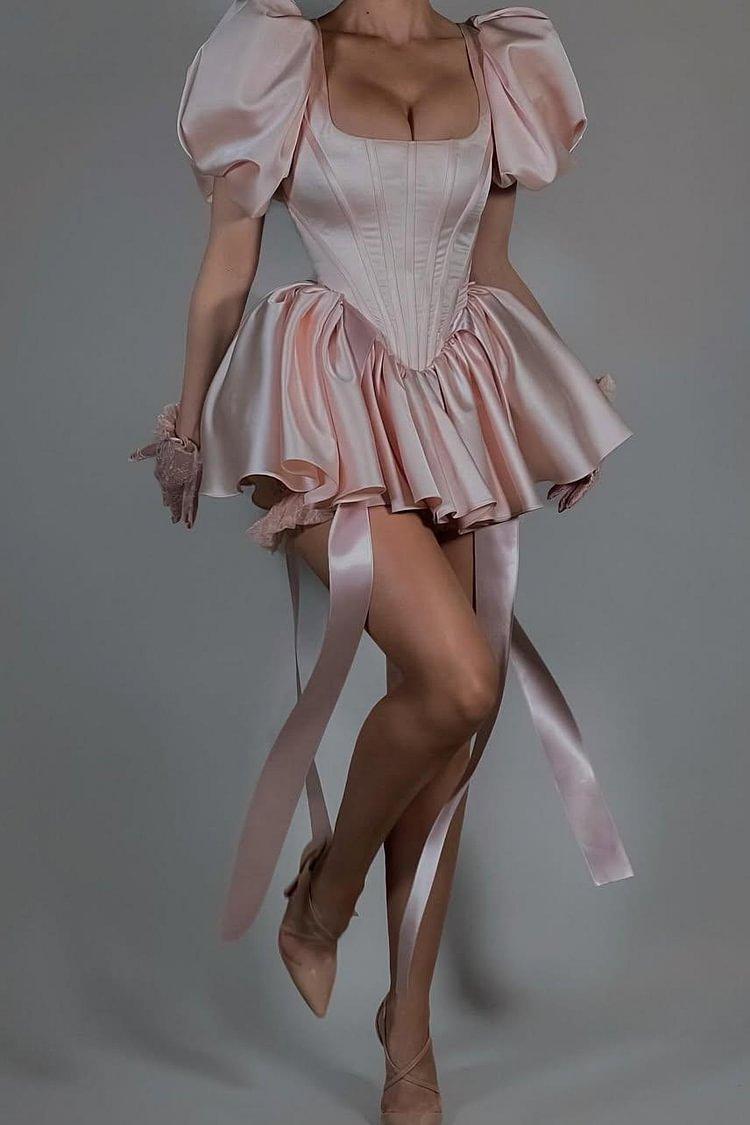 Short Pink Homecoming Dress Satin Square Neck Puff Sleeves Cockail Dress