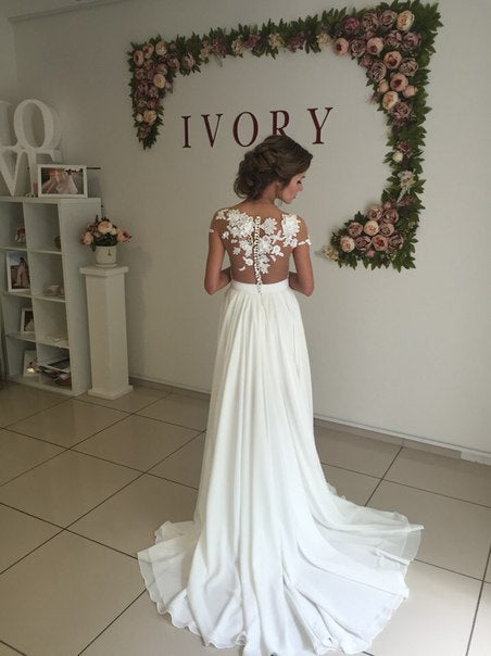 Short Sleeve A-Line Chiffon Summer Beach Wedding Dresses Split Lace Applique Beach Bridal Gowns BA3033