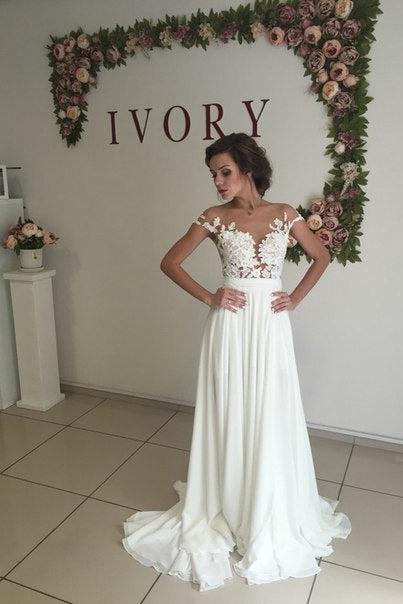 Short Sleeve A-Line Chiffon Summer Beach Wedding Dresses Split Lace Applique Beach Bridal Gowns BA3033