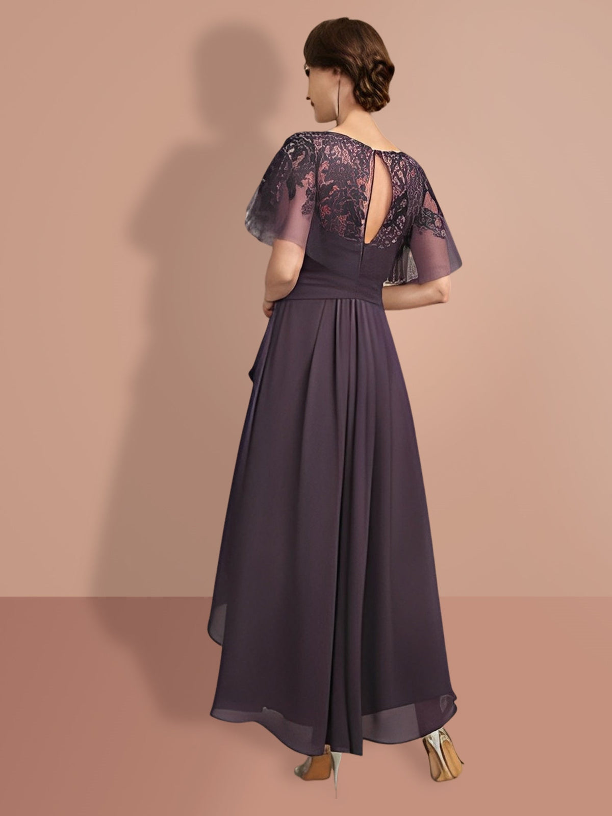 Short Sleeve A Line Mother of the Bride Dress with Asymmetrical Design