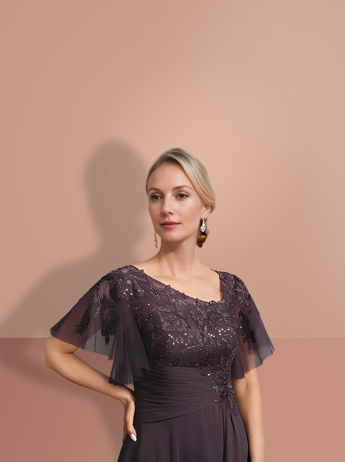 Short Sleeve A Line Mother of the Bride Dress with Asymmetrical Design