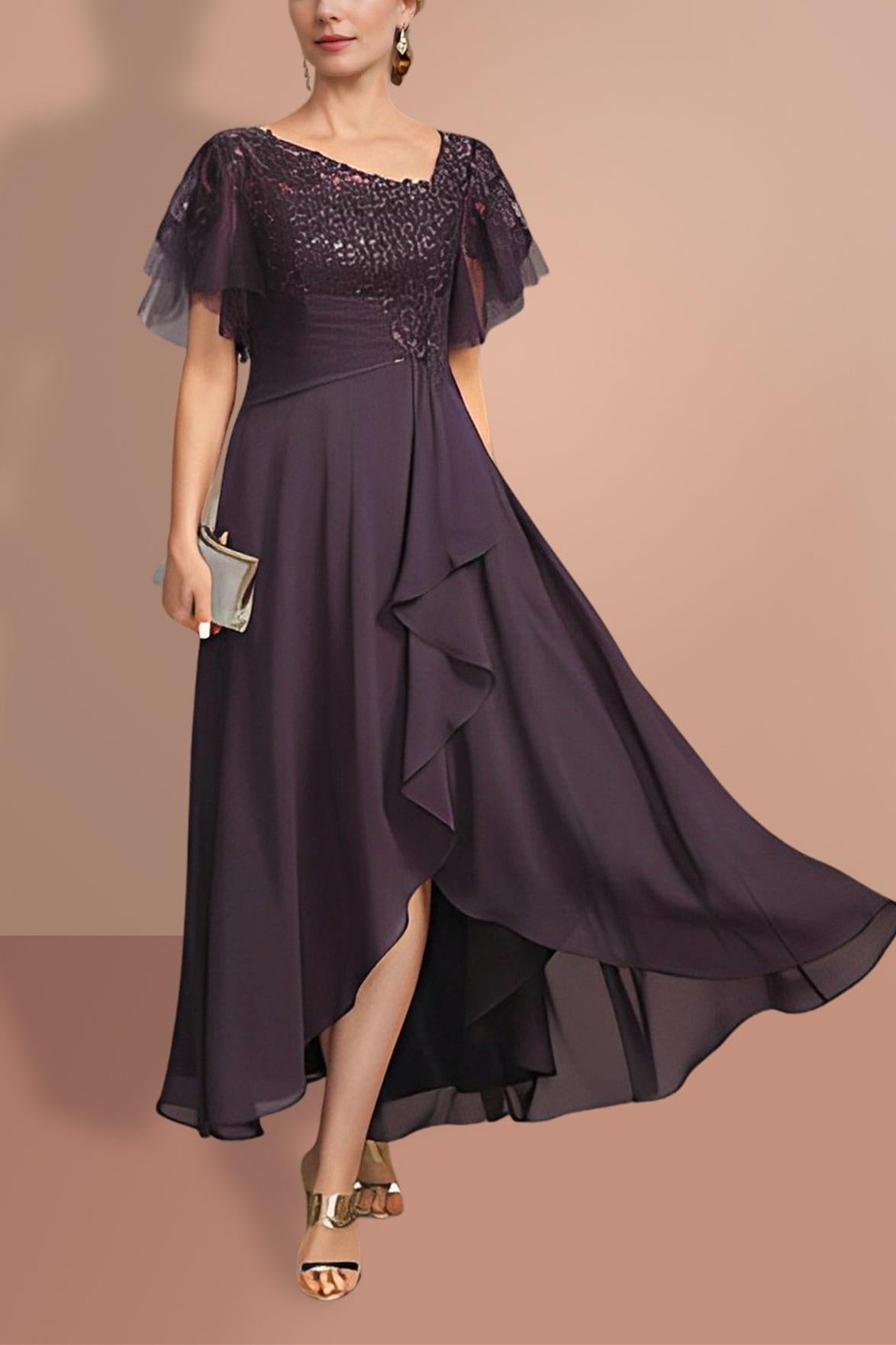Short Sleeve A Line Mother of the Bride Dress with Asymmetrical Design