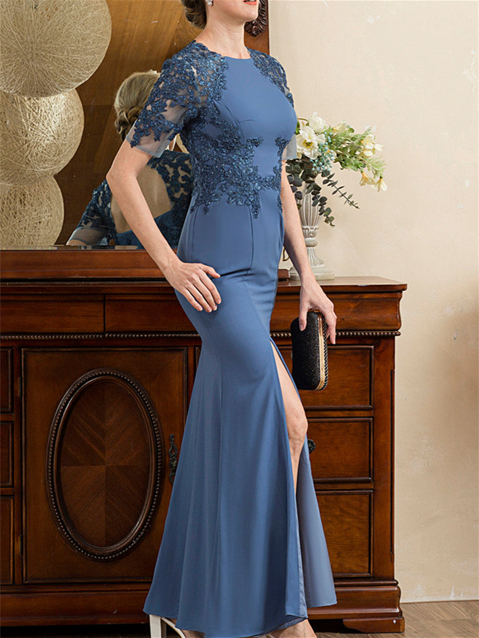 Short Sleeve Ankle Length Trumpet Mermaid Mother of the Bride Dress with Slit