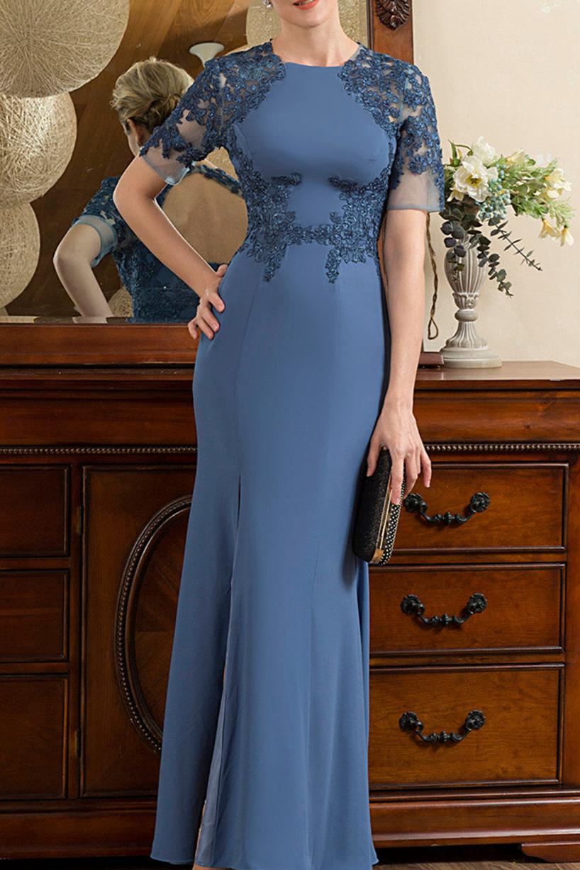Short Sleeve Ankle Length Trumpet Mermaid Mother of the Bride Dress with Slit
