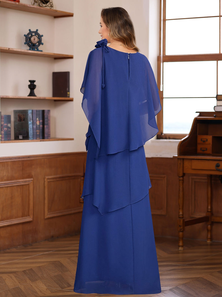 Short Sleeve Long A Line Mother of the Bride Dress with Ruffles and Flowers