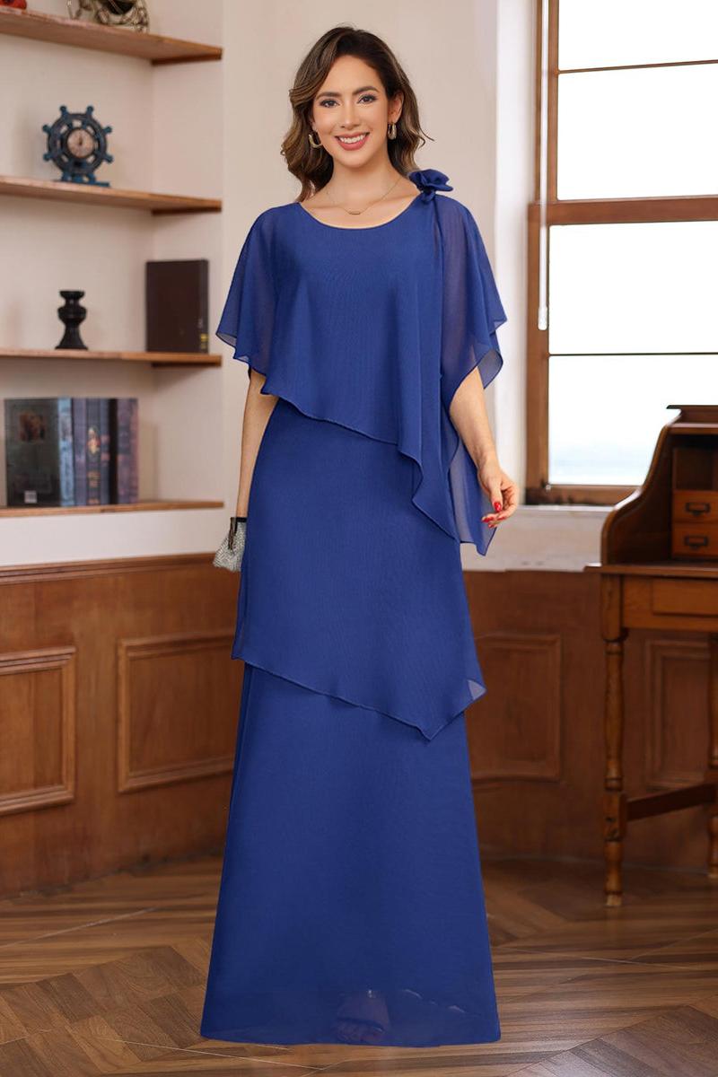 Short Sleeve Long A Line Mother of the Bride Dress with Ruffles and Flowers