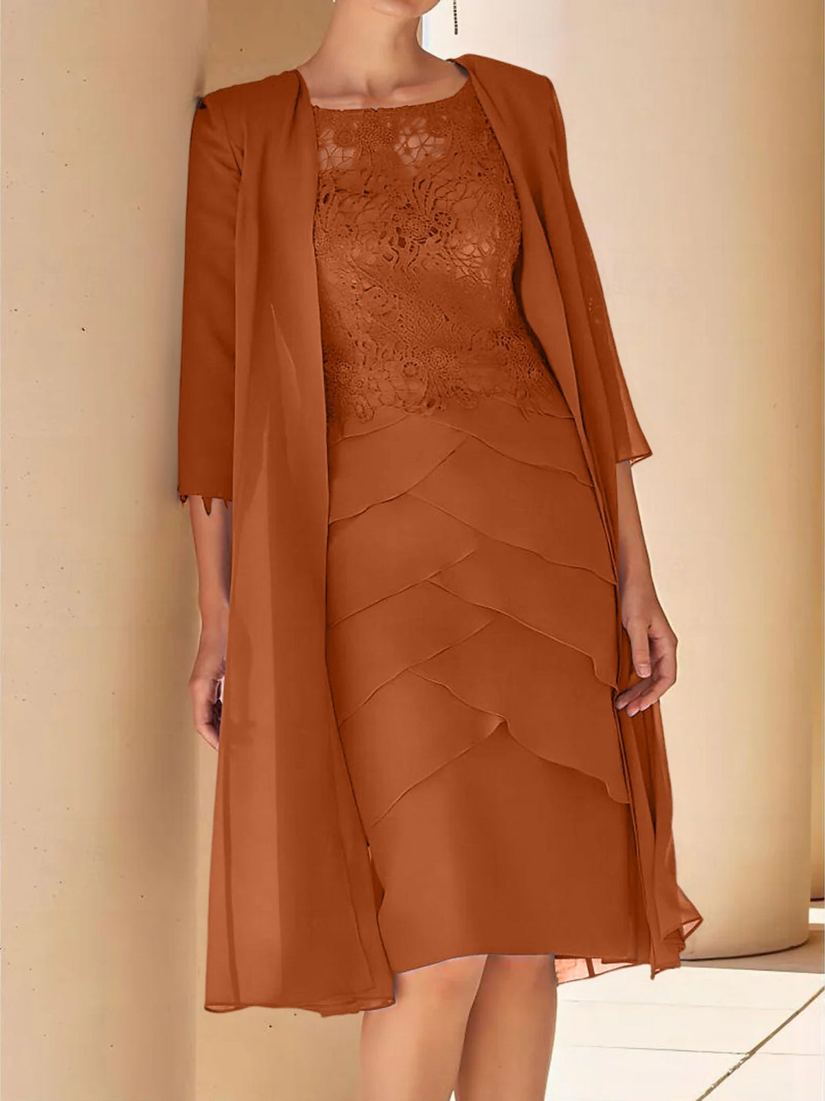 Short Sleeve Knee Length Lace Sheath Dress for the Mother of the Bride