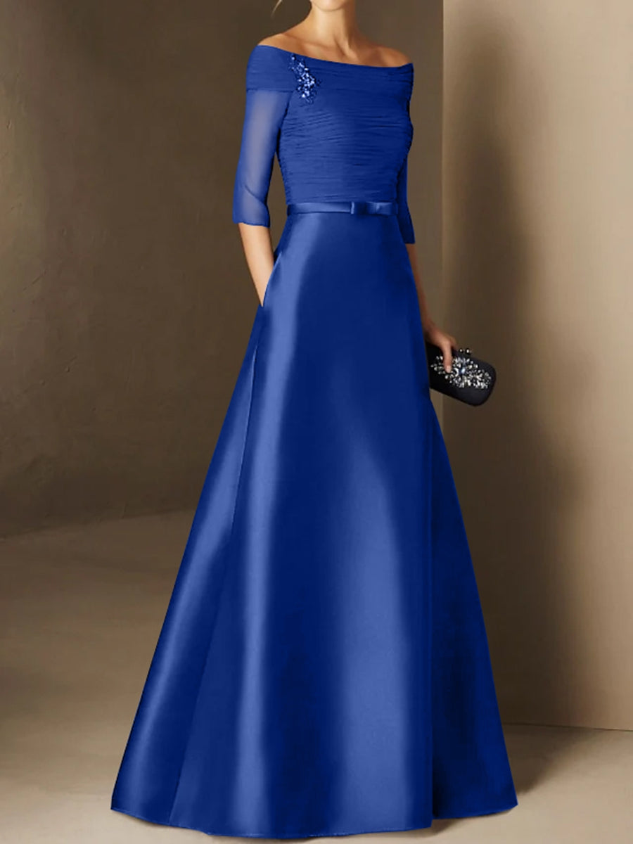 Short Sleeve Off the Shoulder A Line Mother of the Bride Dress with Belt Applique