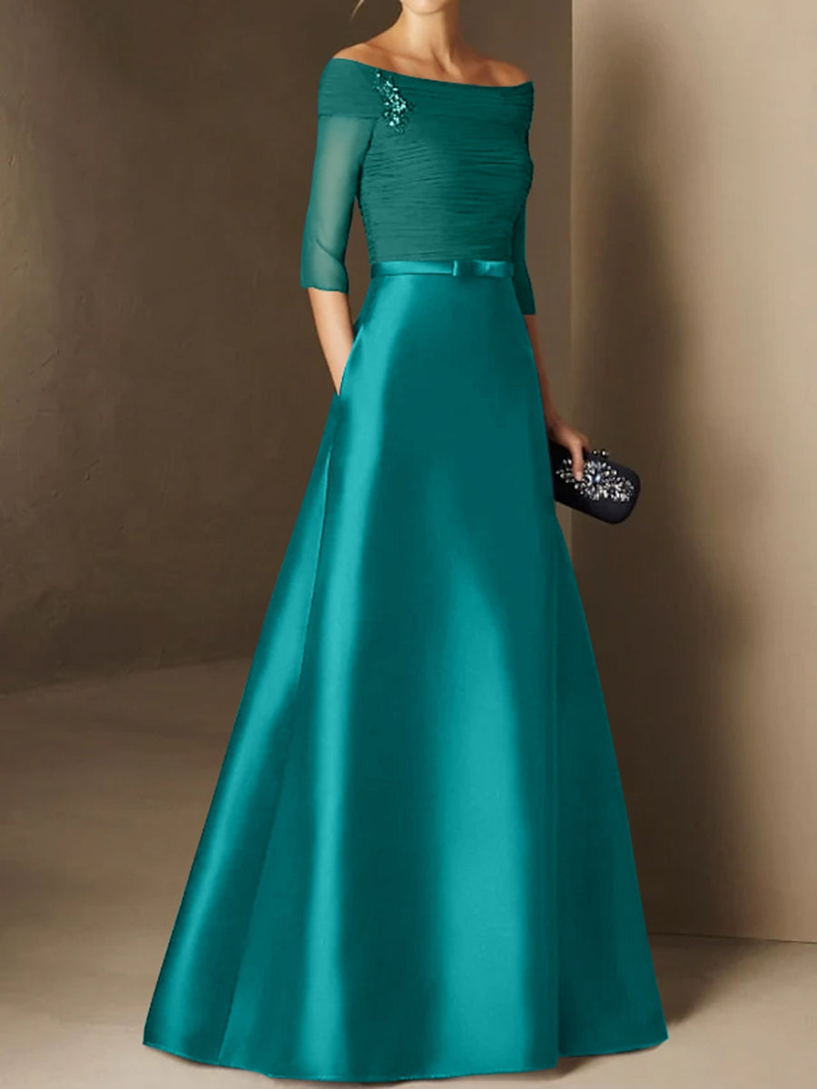 Short Sleeve Off the Shoulder A Line Mother of the Bride Dress with Belt Applique