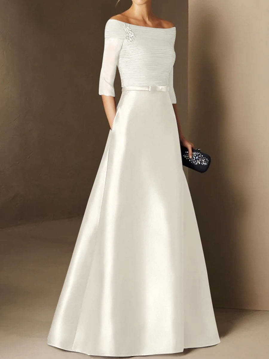 Short Sleeve Off the Shoulder A Line Mother of the Bride Dress with Belt Applique