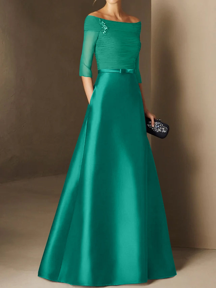 Short Sleeve Off the Shoulder A Line Mother of the Bride Dress with Belt Applique