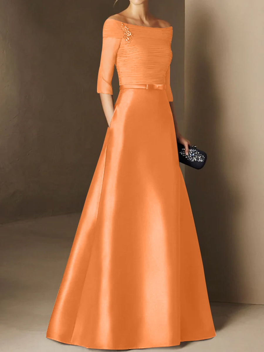 Short Sleeve Off the Shoulder A Line Mother of the Bride Dress with Belt Applique