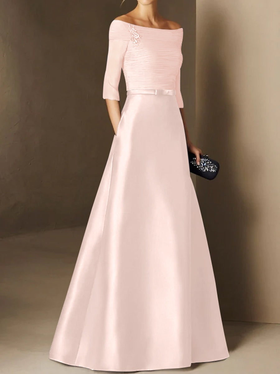 Short Sleeve Off the Shoulder A Line Mother of the Bride Dress with Belt Applique