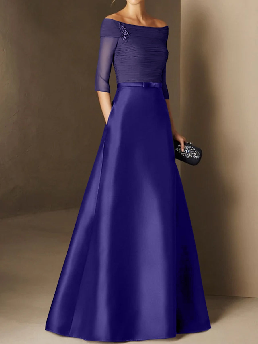 Short Sleeve Off the Shoulder A Line Mother of the Bride Dress with Belt Applique