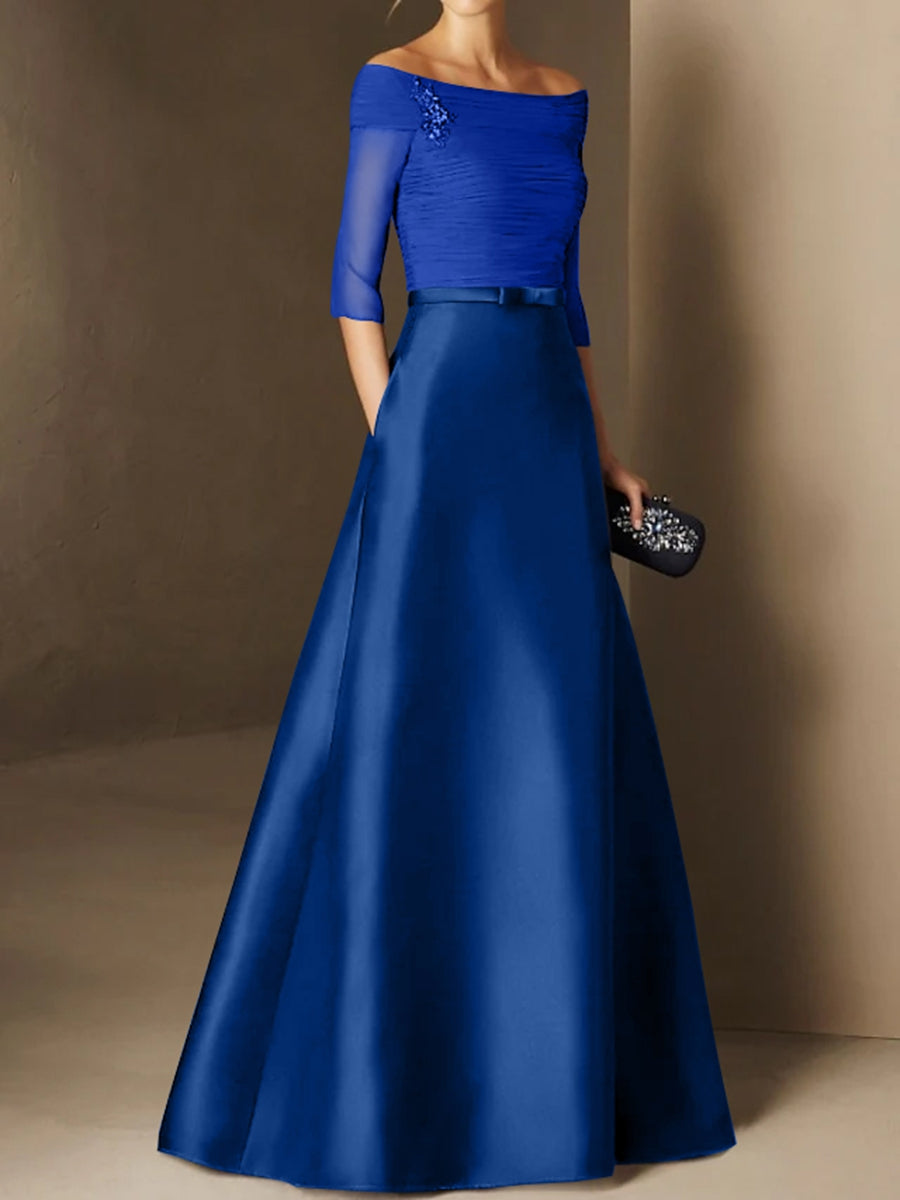 Short Sleeve Off the Shoulder A Line Mother of the Bride Dress with Belt Applique