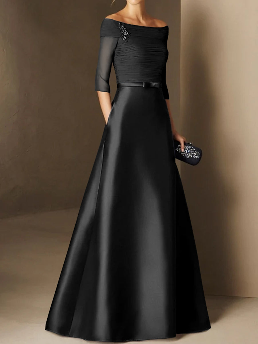 Short Sleeve Off the Shoulder A Line Mother of the Bride Dress with Belt Applique