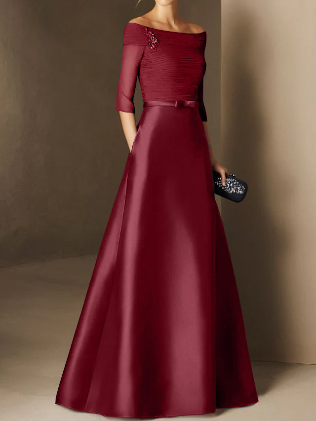 Short Sleeve Off the Shoulder A Line Mother of the Bride Dress with Belt Applique
