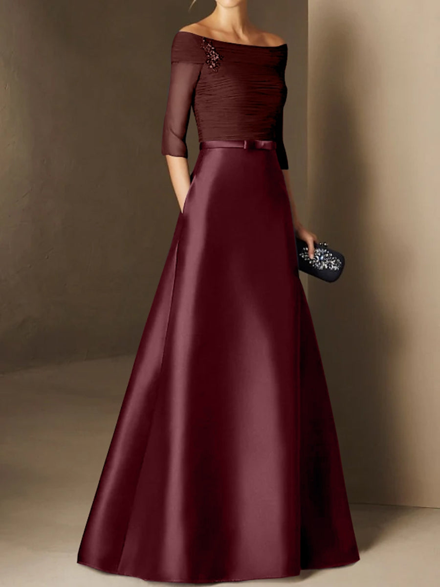 Short Sleeve Off the Shoulder A Line Mother of the Bride Dress with Belt Applique
