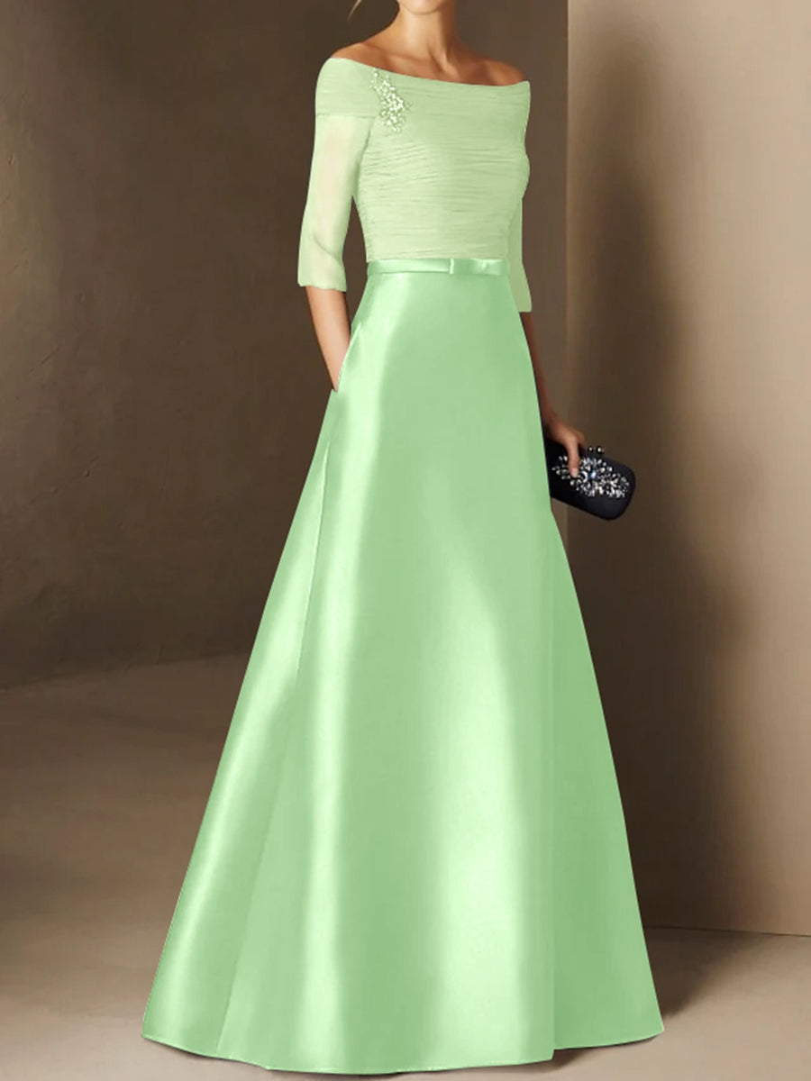 Short Sleeve Off the Shoulder A Line Mother of the Bride Dress with Belt Applique