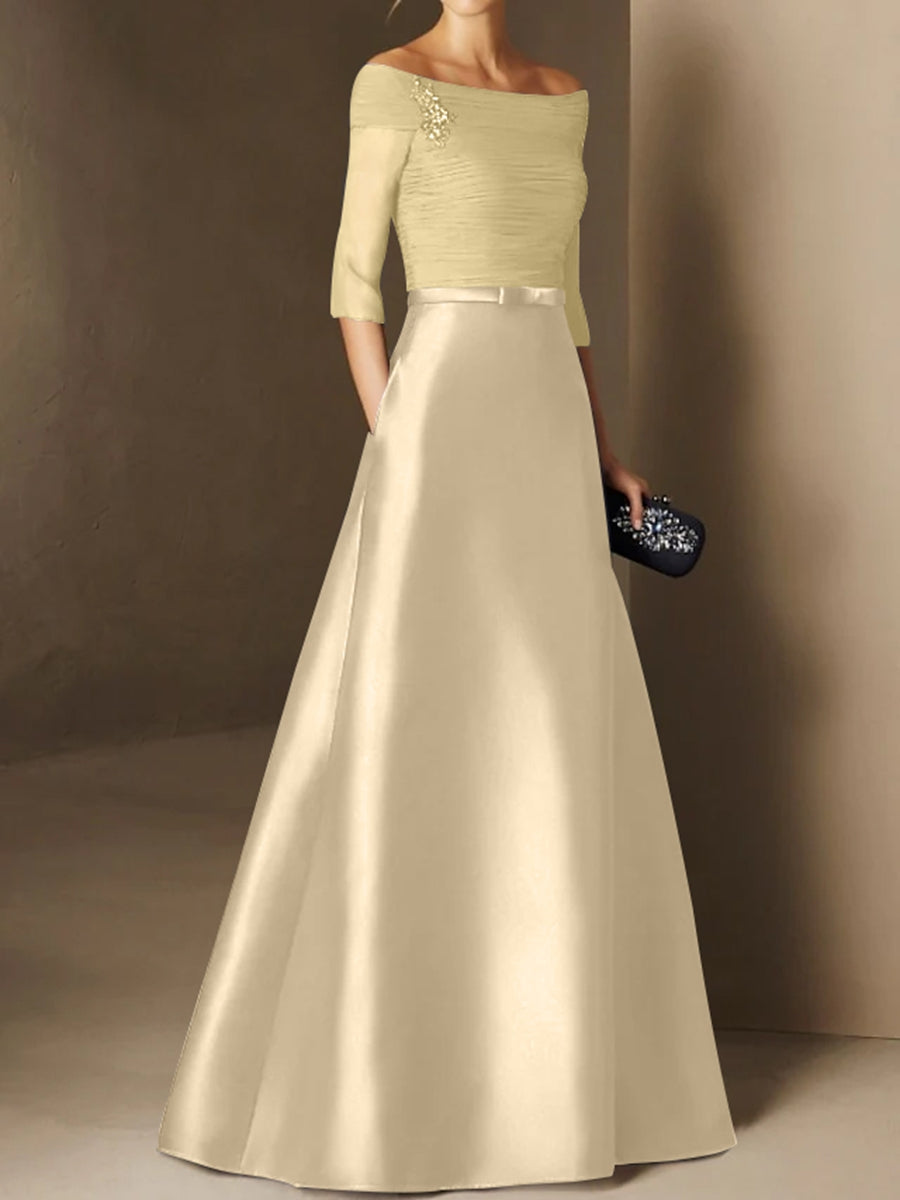 Short Sleeve Off the Shoulder A Line Mother of the Bride Dress with Belt Applique