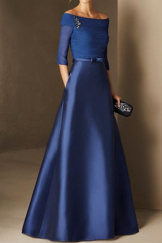 Short Sleeve Off the Shoulder A Line Mother of the Bride Dress with Belt Applique
