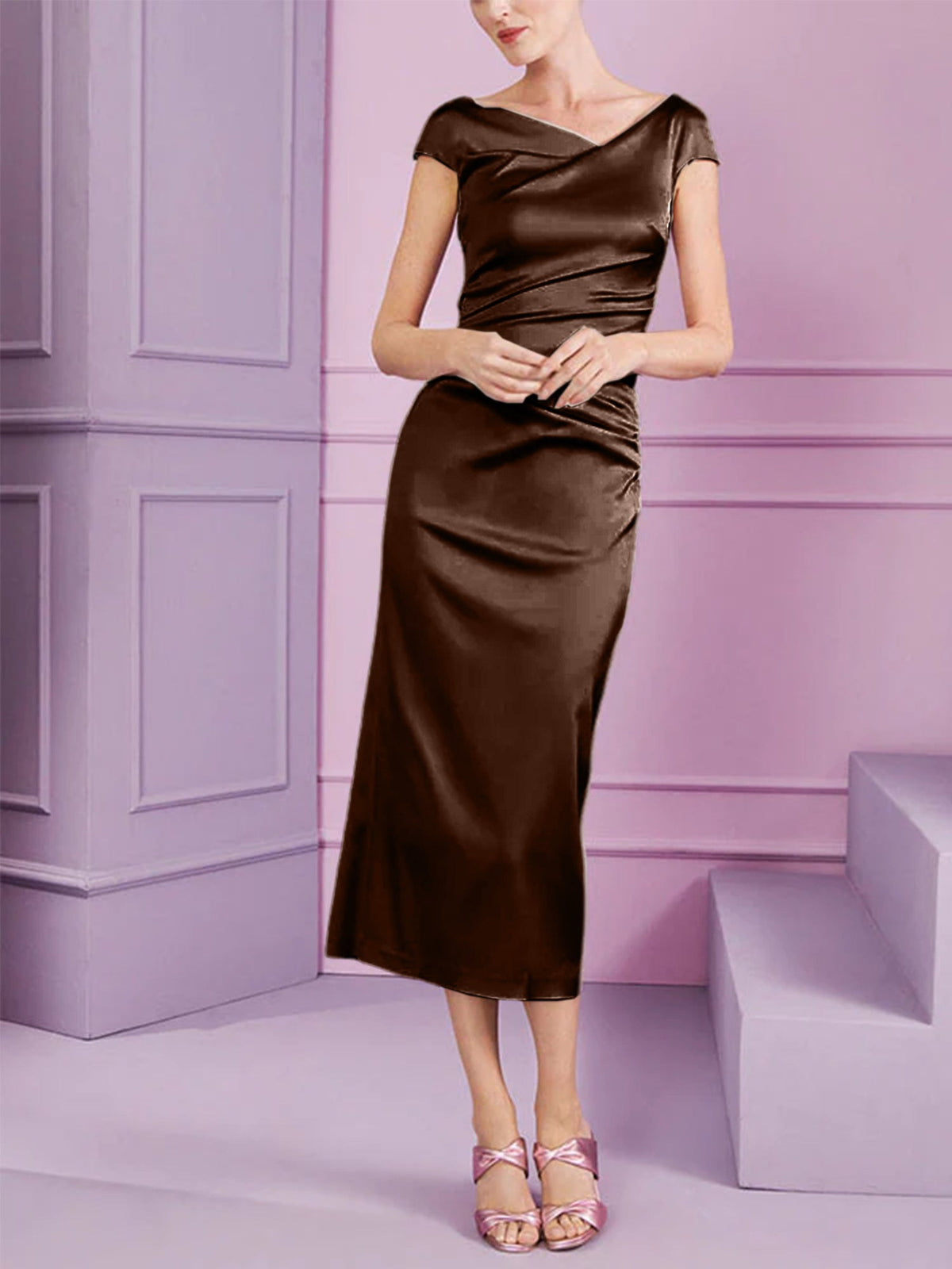 Short Sleeve Tea Length Cowl Neck Sheath Dress with Ruffles for the Mother of the Bride