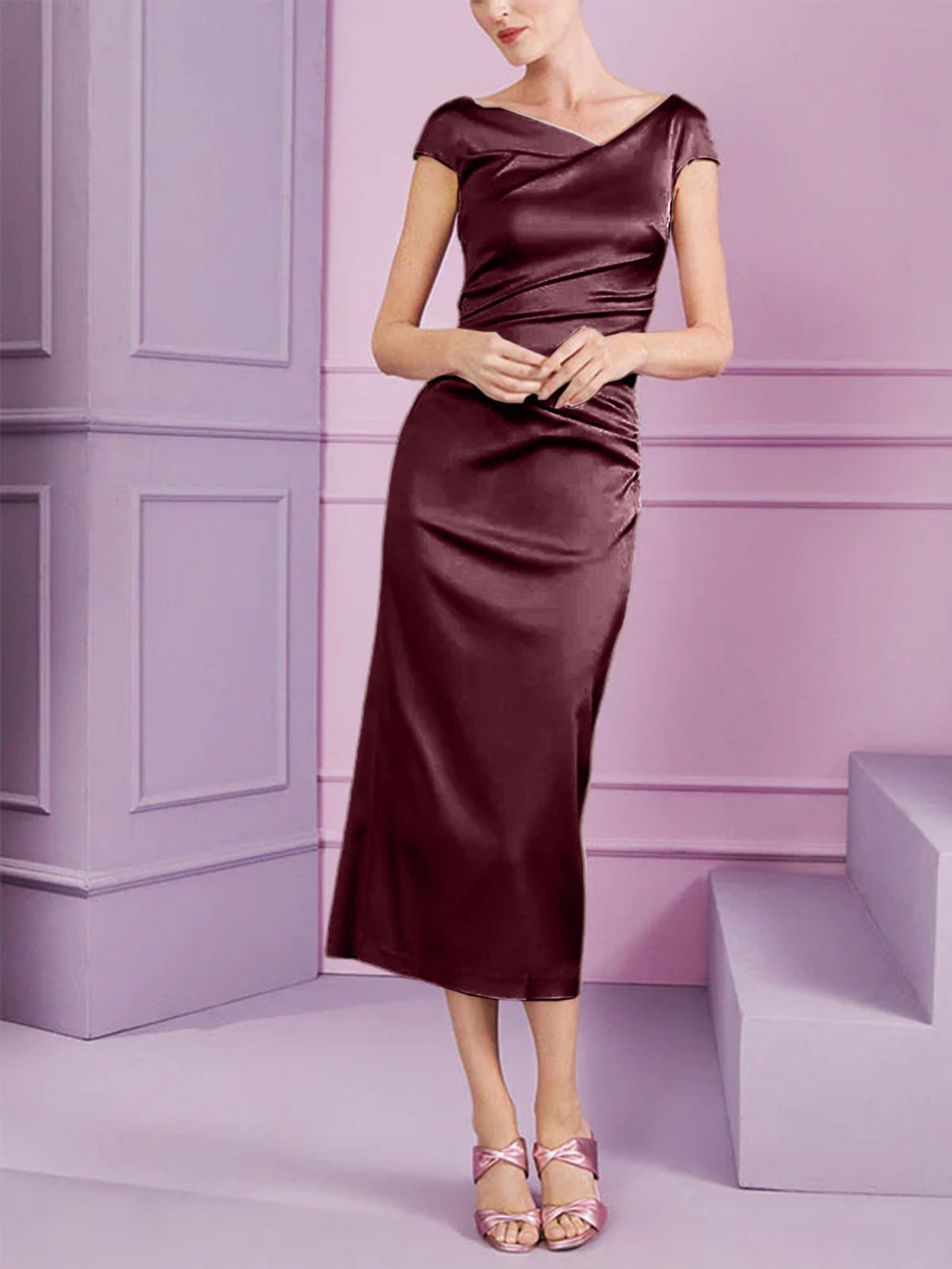 Short Sleeve Tea Length Cowl Neck Sheath Dress with Ruffles for the Mother of the Bride