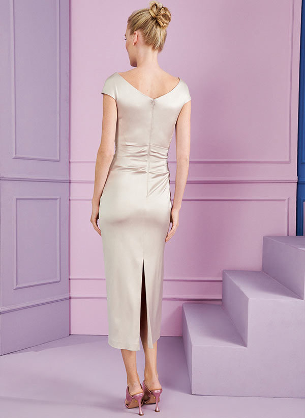 Short Sleeve Tea Length Cowl Neck Sheath Dress with Ruffles for the Mother of the Bride