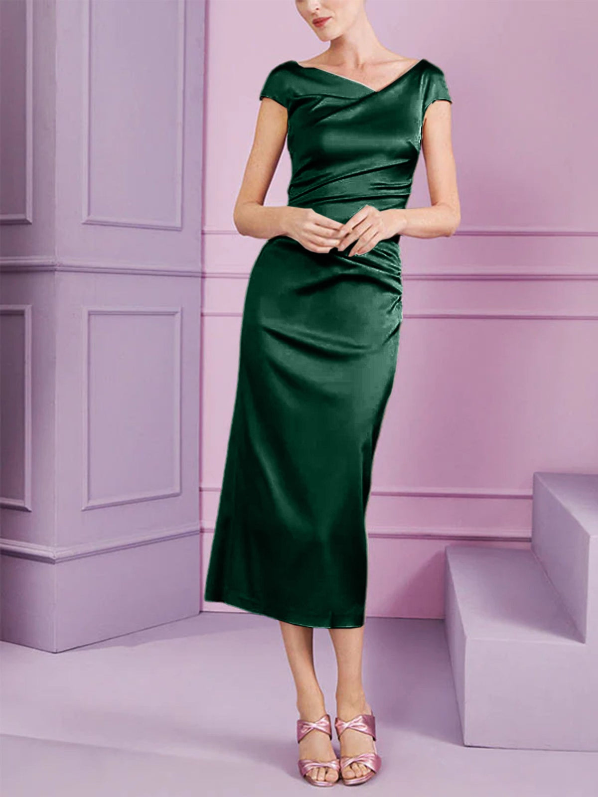 Short Sleeve Tea Length Cowl Neck Sheath Dress with Ruffles for the Mother of the Bride