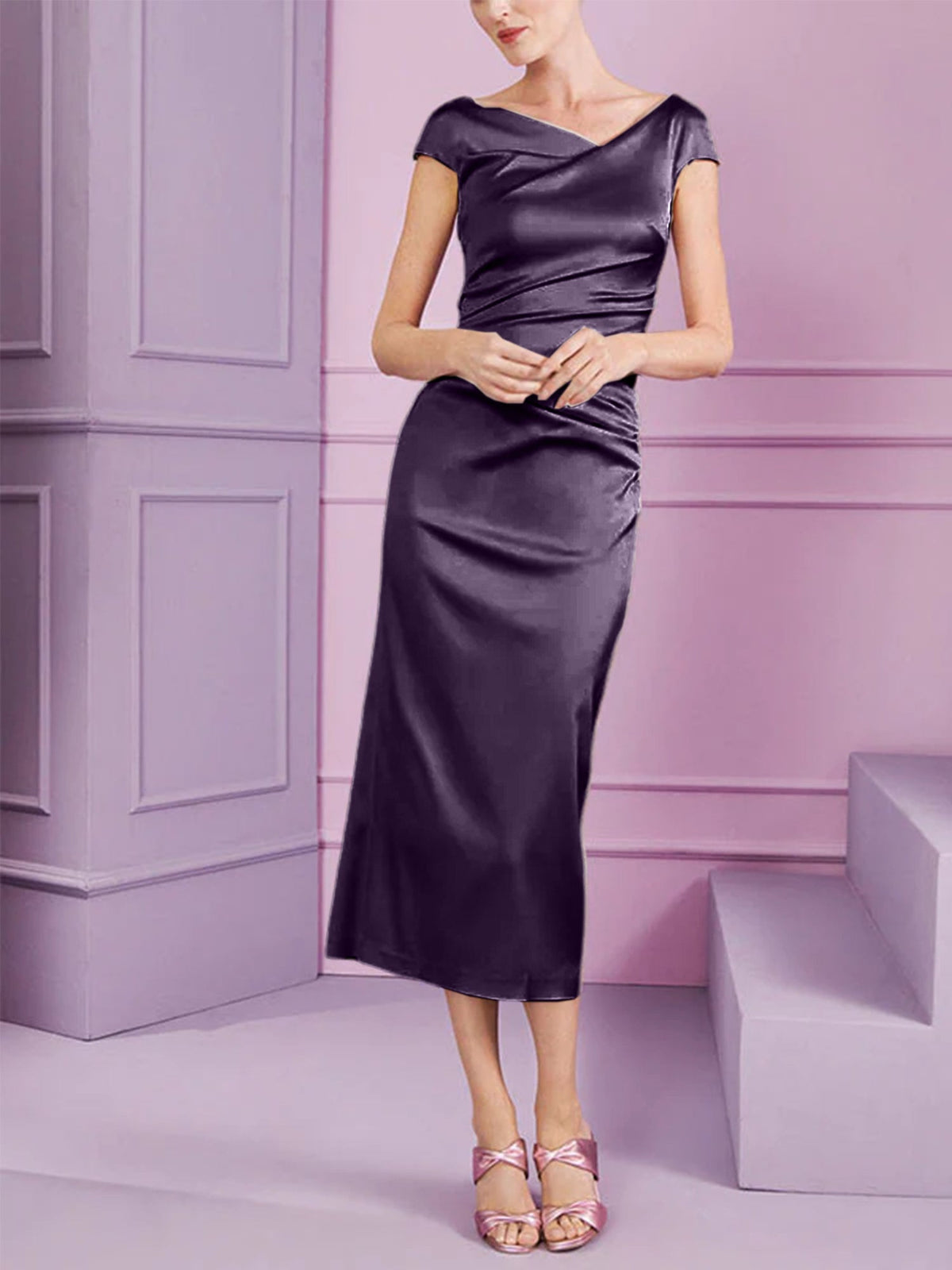 Short Sleeve Tea Length Cowl Neck Sheath Dress with Ruffles for the Mother of the Bride