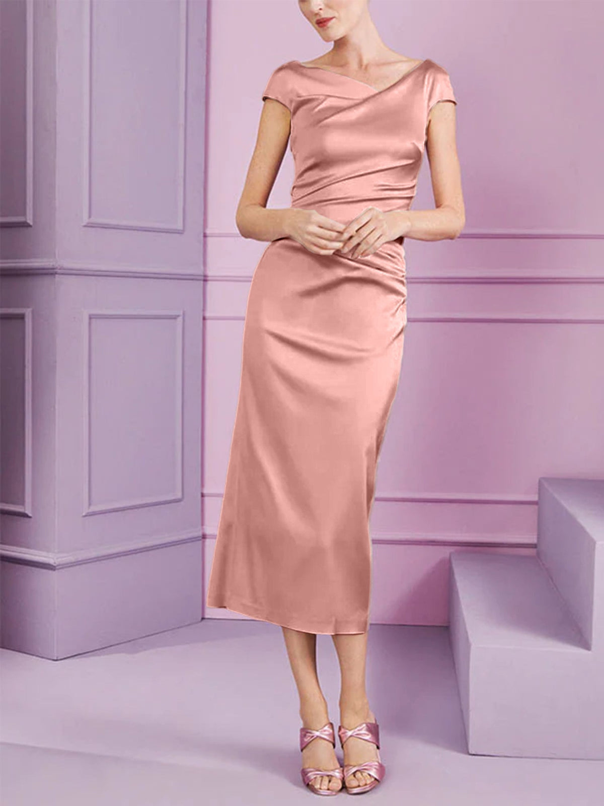 Short Sleeve Tea Length Cowl Neck Sheath Dress with Ruffles for the Mother of the Bride