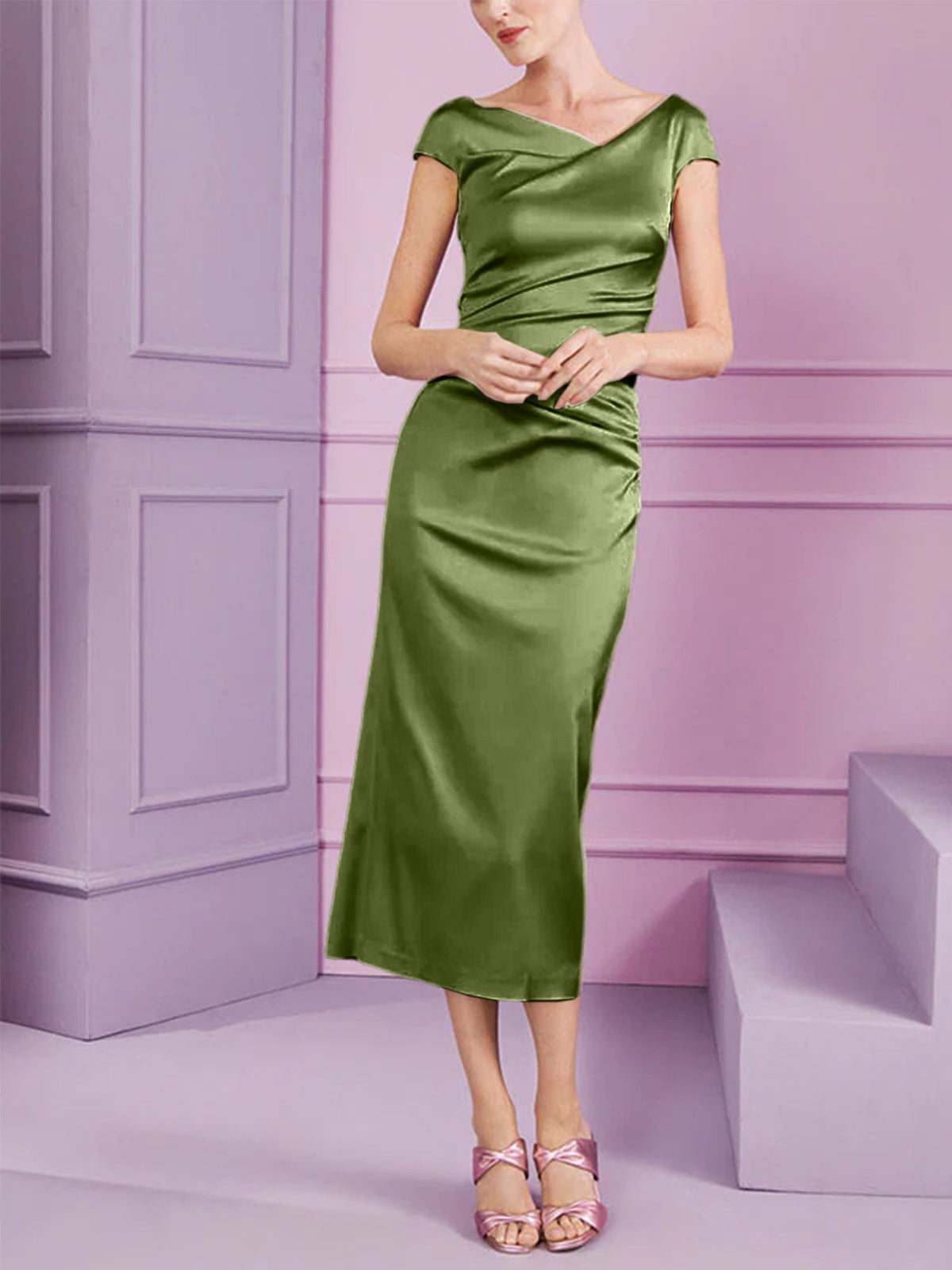 Short Sleeve Tea Length Cowl Neck Sheath Dress with Ruffles for the Mother of the Bride