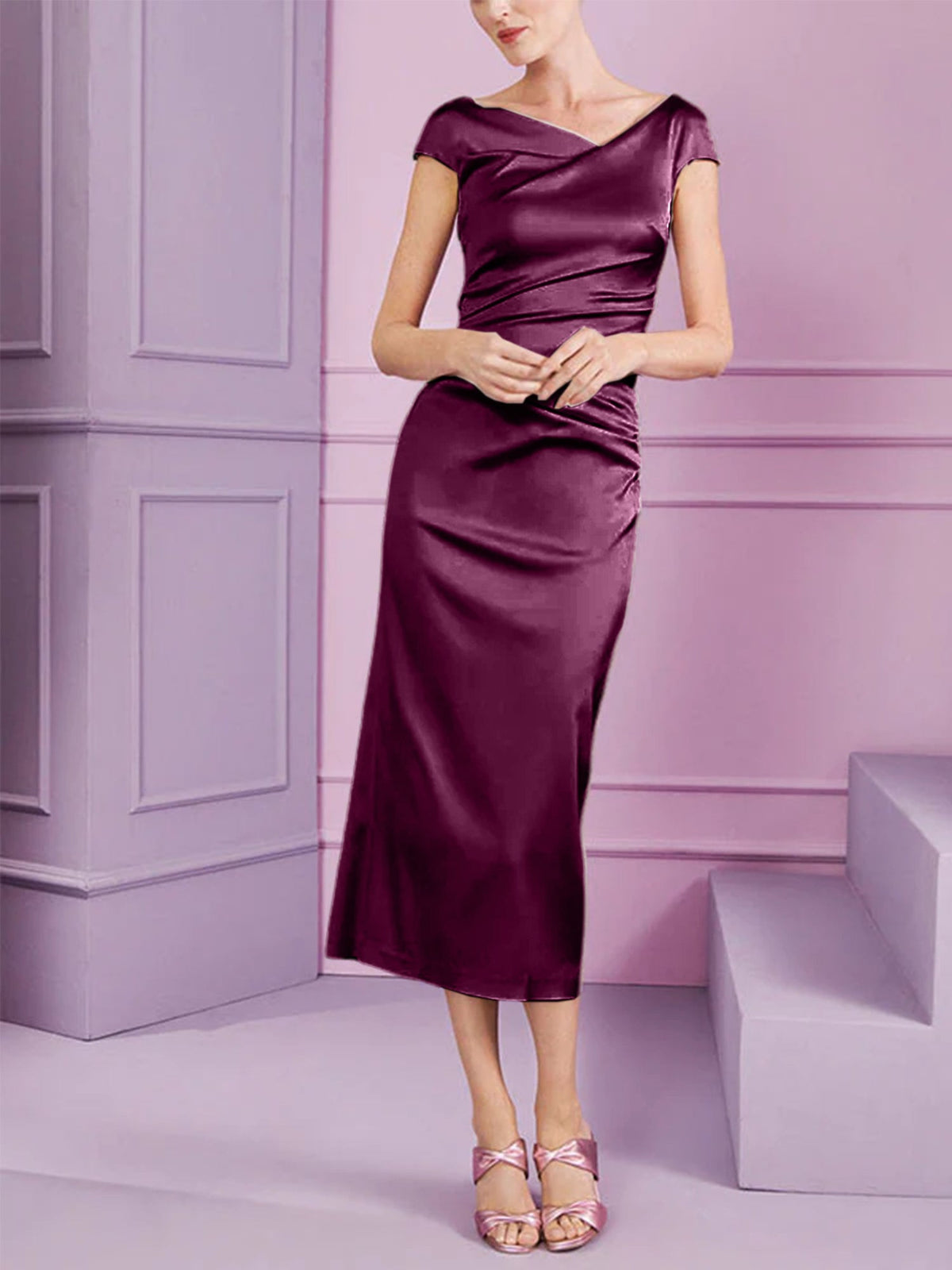 Short Sleeve Tea Length Cowl Neck Sheath Dress with Ruffles for the Mother of the Bride