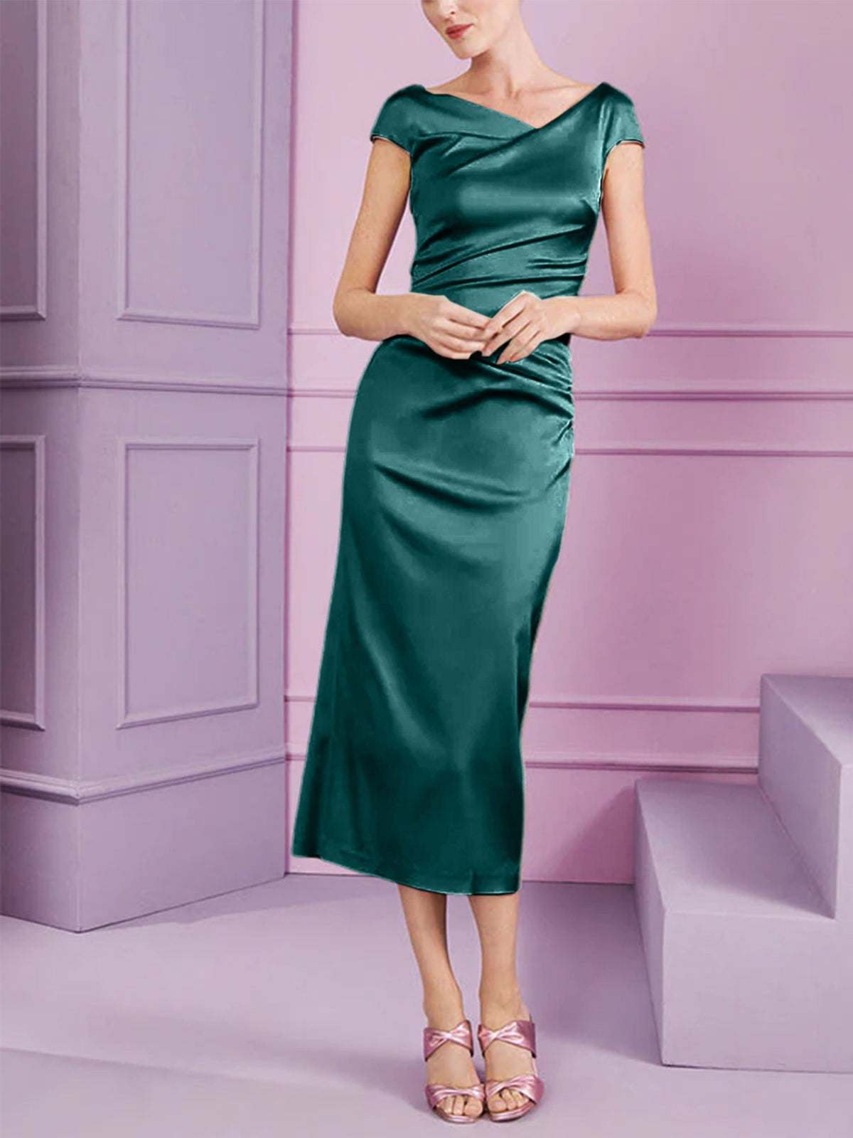 Short Sleeve Tea Length Cowl Neck Sheath Dress with Ruffles for the Mother of the Bride