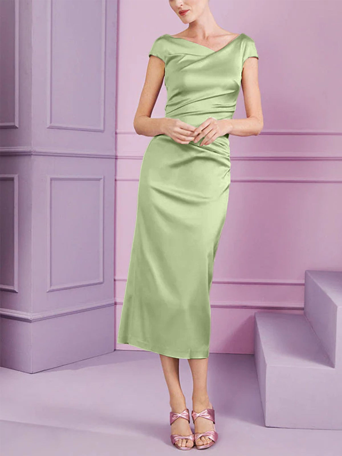 Short Sleeve Tea Length Cowl Neck Sheath Dress with Ruffles for the Mother of the Bride