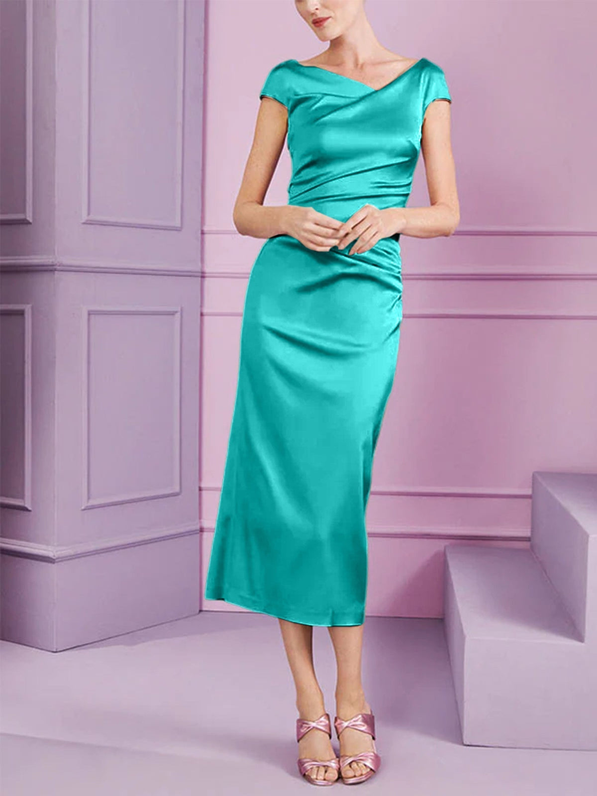 Short Sleeve Tea Length Cowl Neck Sheath Dress with Ruffles for the Mother of the Bride