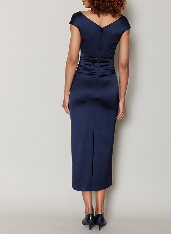 Short Sleeve Tea Length Cowl Neck Sheath Dress with Ruffles for the Mother of the Bride