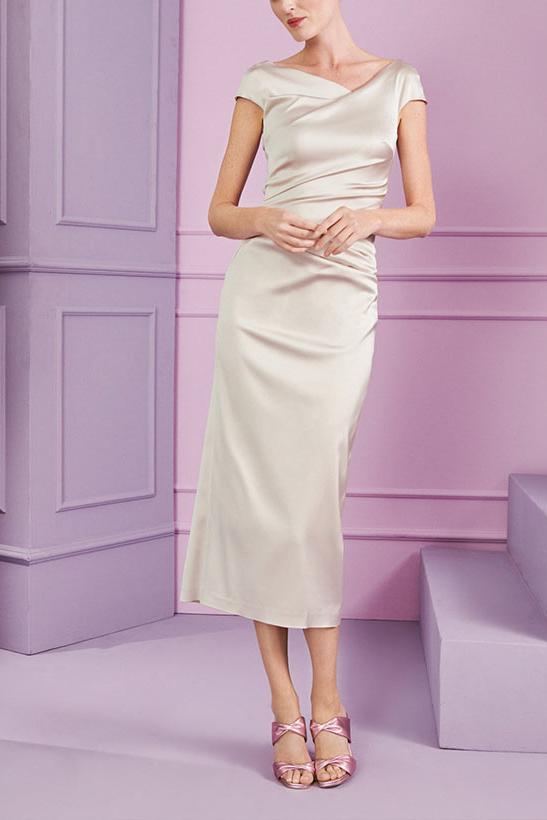 Short Sleeve Tea Length Cowl Neck Sheath Dress with Ruffles for the Mother of the Bride