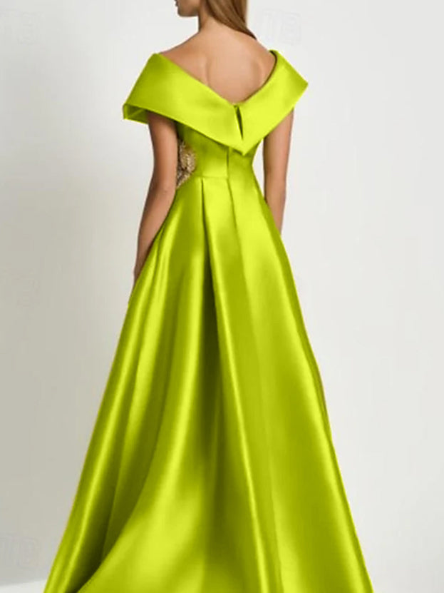 Short Sleeve V Neck Satin A Line Dress with Rhinestones for the Mother of the Bride