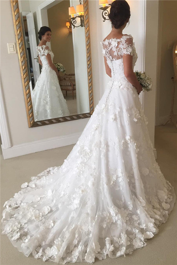 Short Sleeves A-line Flowers Wedding Dresses Appliques Princess Bride Dress