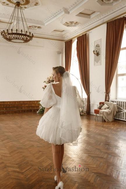 Short White Beach Wedding Dress Off The Shoulder Tulle Glitter Bridal Gown With Sleeves