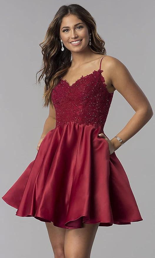 Lace Short Beaded Homecoming Dresses Satin Prom Dress with Pockets (ZD11693) - VelvetHem