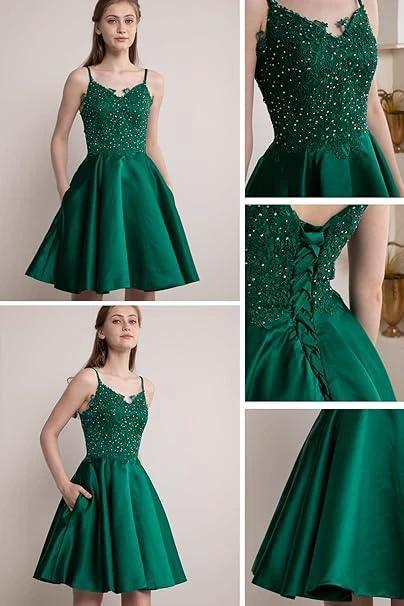 Lace Short Beaded Homecoming Dresses Satin Prom Dress with Pockets SYH82 by vivymakudress