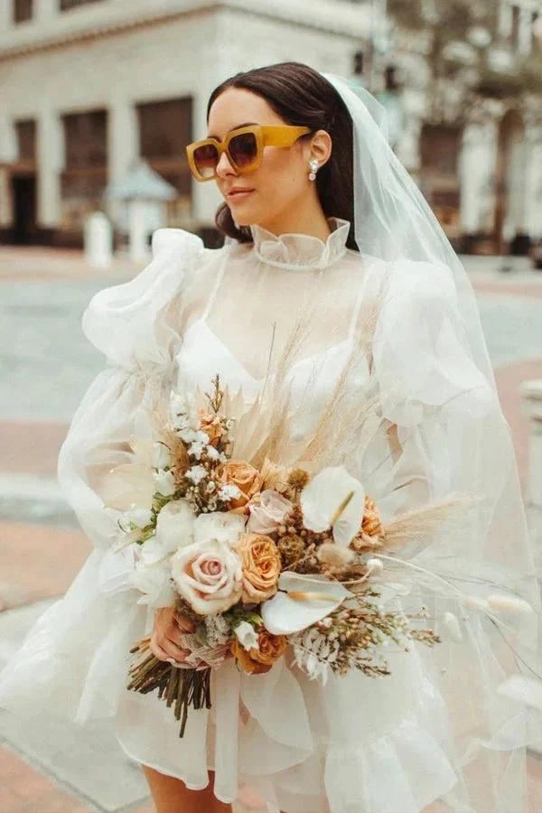 Short Wedding Dresses Long Sleeves Vintage Wedding Dress (ZD16074) - VelvetHem